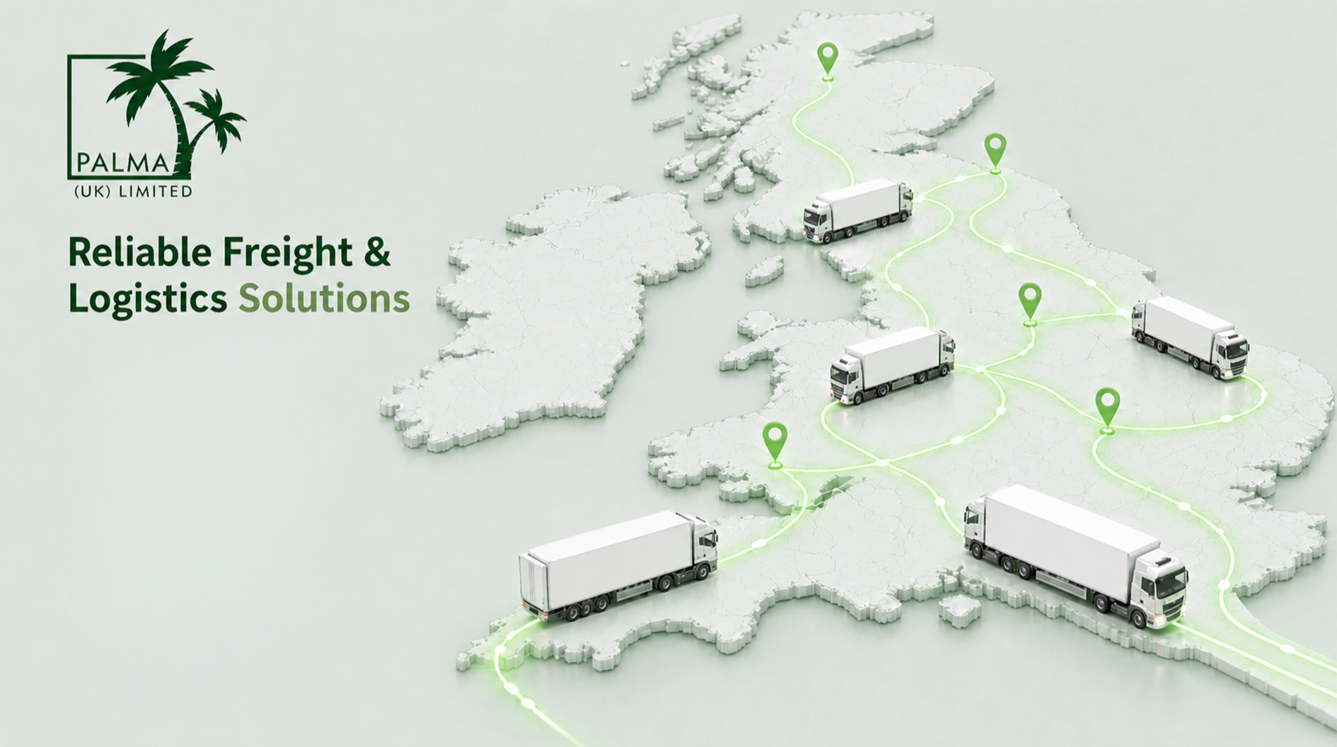 Digital UK freight tracking map showing multiple lorries, route lines and shipment status points.