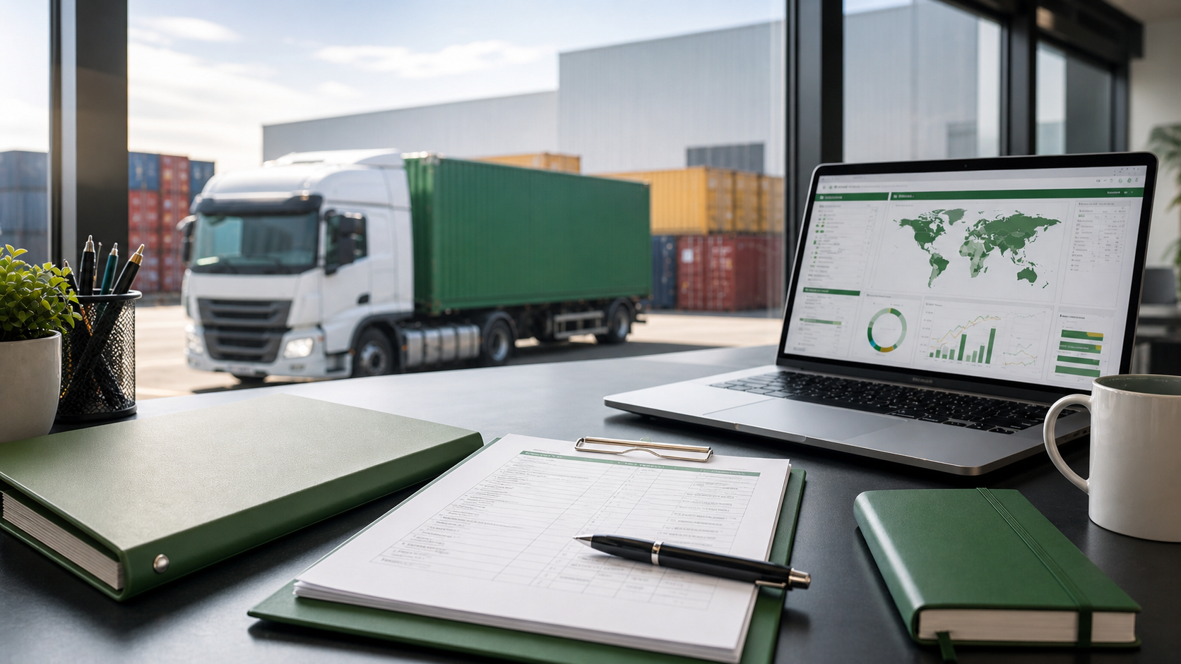 Logistics work desk reviewing customs documents and shipment tracking screens in a branded office.