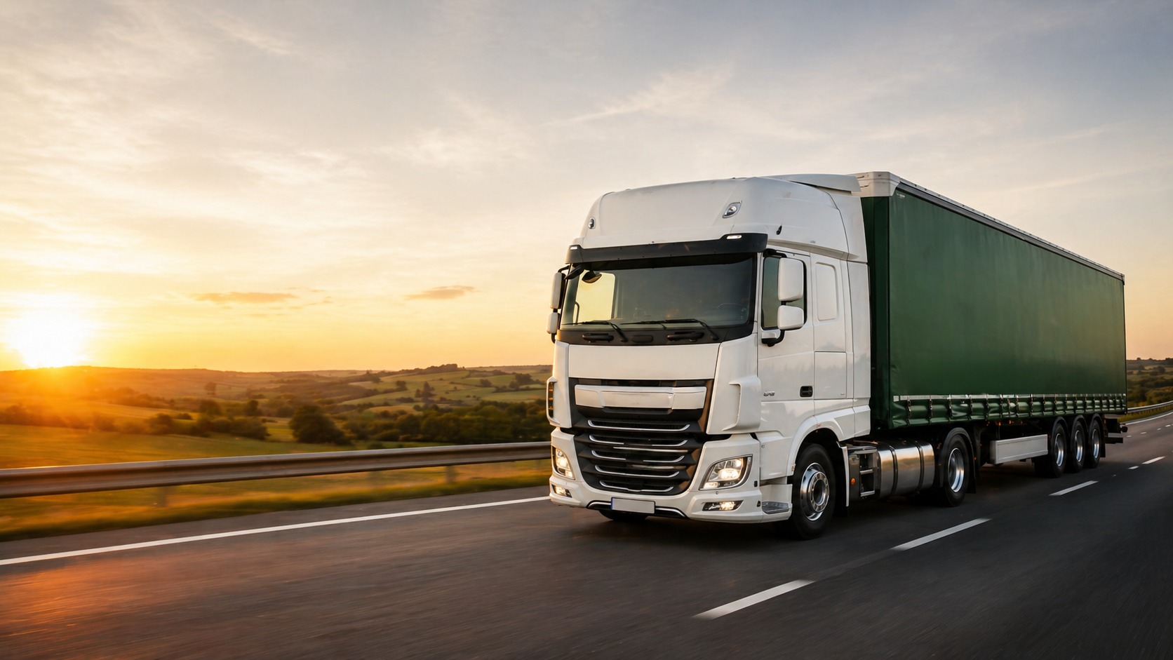 Green and white truck driving on an open motorway at golden hour.